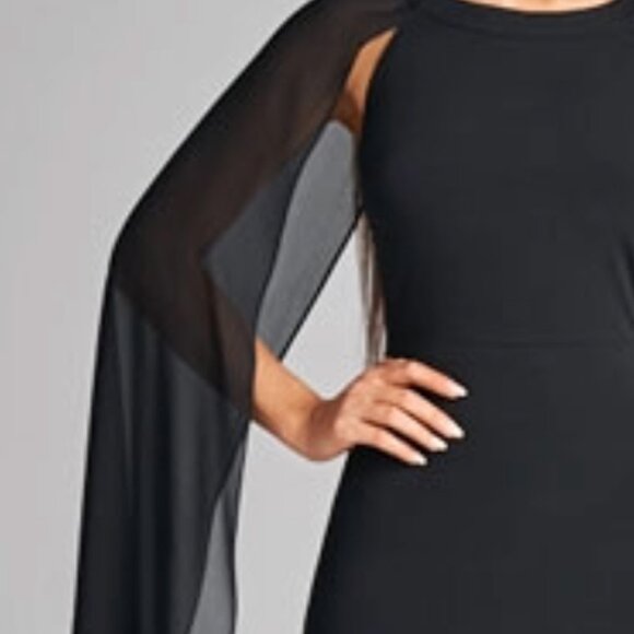 Black Cape Sleeve Column Gown XXL Formal Maxi Dress Sheer Chiffon Elegant - Picture 4 of 5